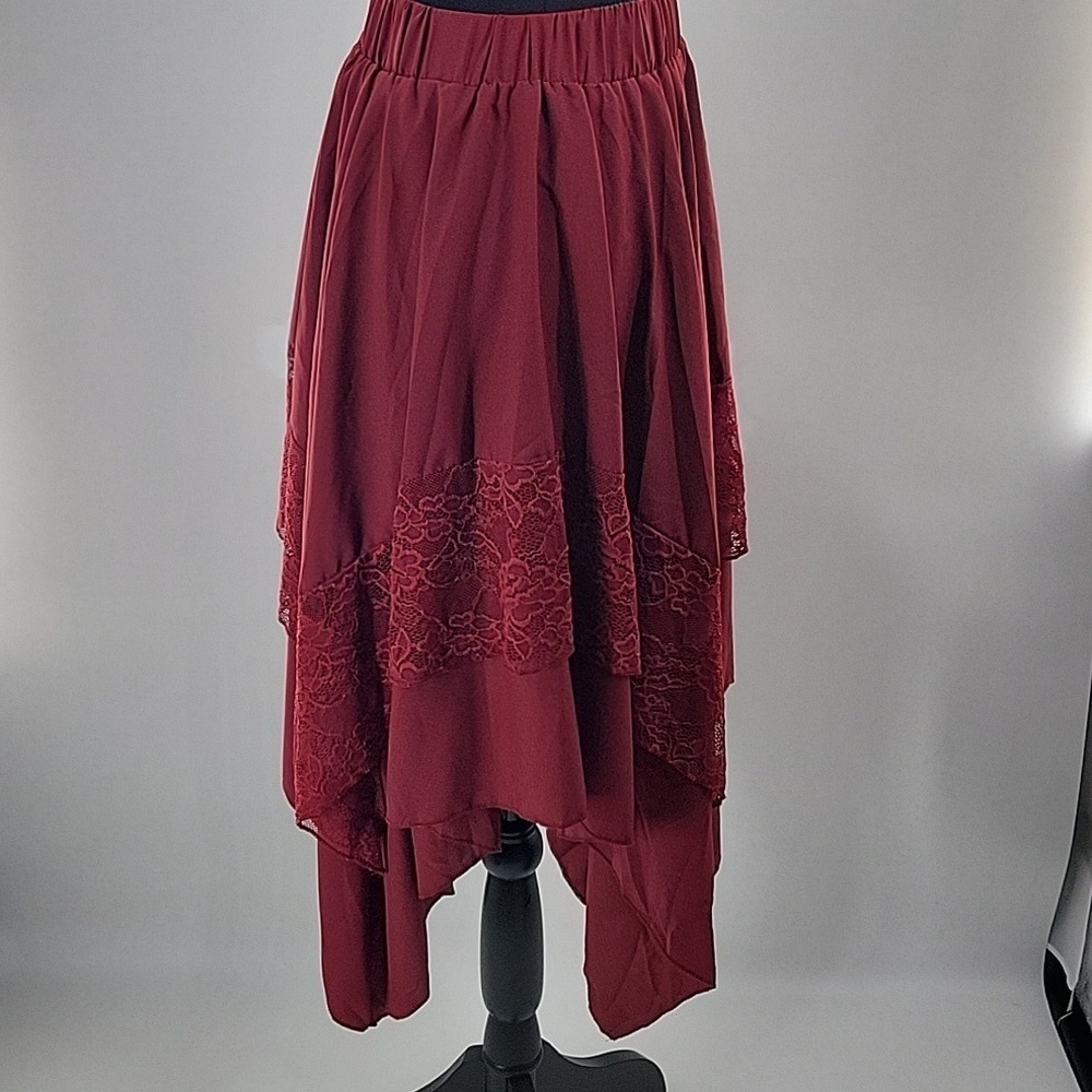 Burgundy Asymmetrical Hi Low Skirt With Lace Detail - Picture 14 of 16